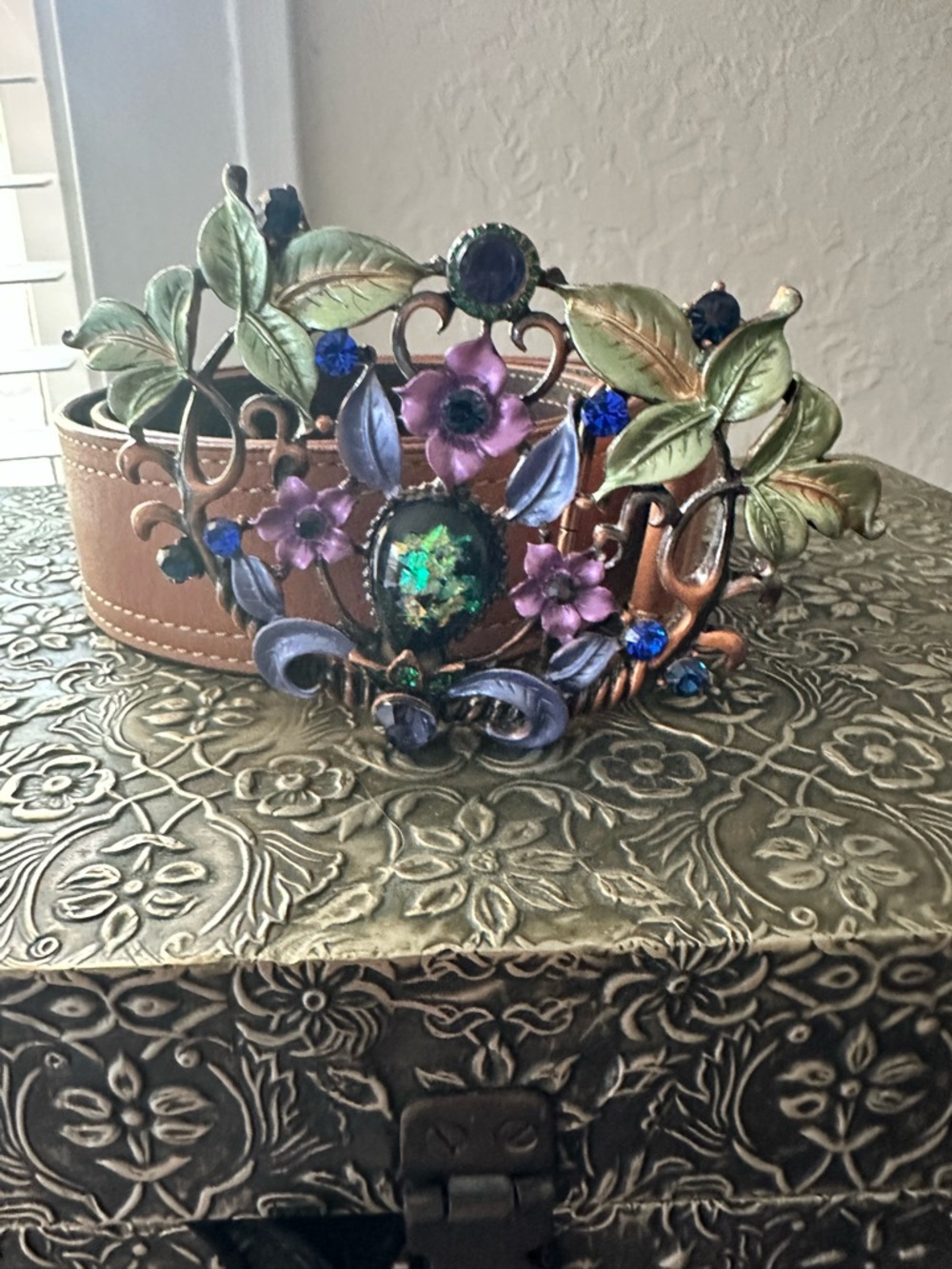 Decorative Floral Belt Buckle with Green Centerpiece - Women's Accessories